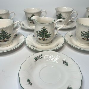 Set of 6 Nikko Tea Cup  & Saucers With Creamer octagon footed christmas tree